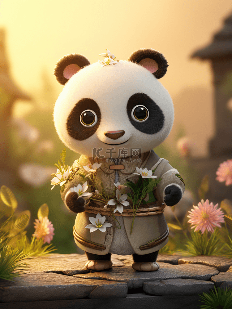 3D立体卡通大熊猫可爱中国风插画
