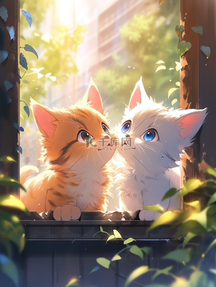 两只可爱的猫看着窗外治愈插画10