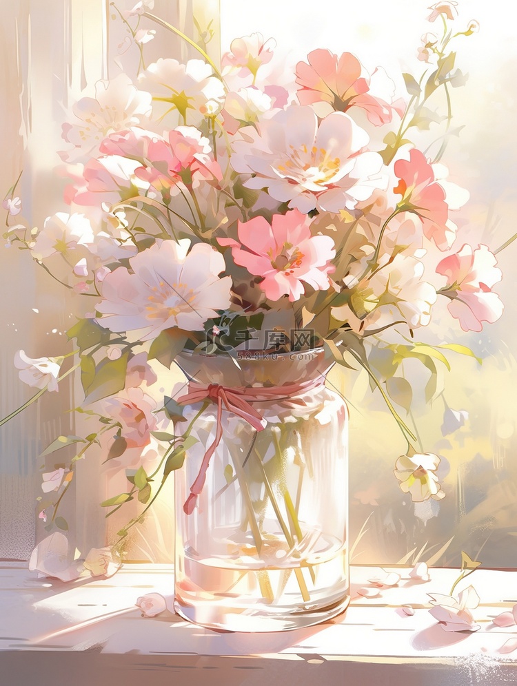 玻璃花瓶里粉红色的花朵插画4