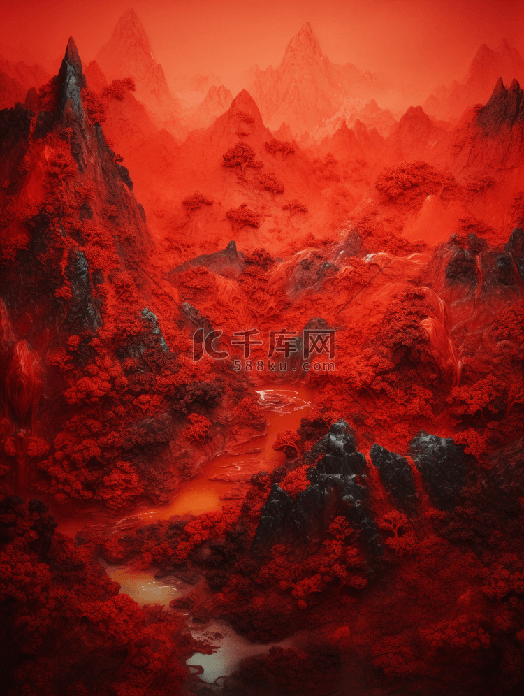 红色中国风山水风景插画7