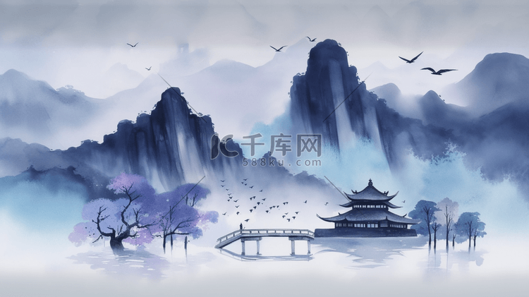 紫色中国风水墨山水风景插画4