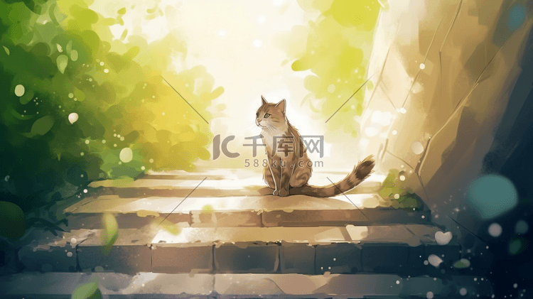 夏季坐在台阶上慵懒的猫咪插画2