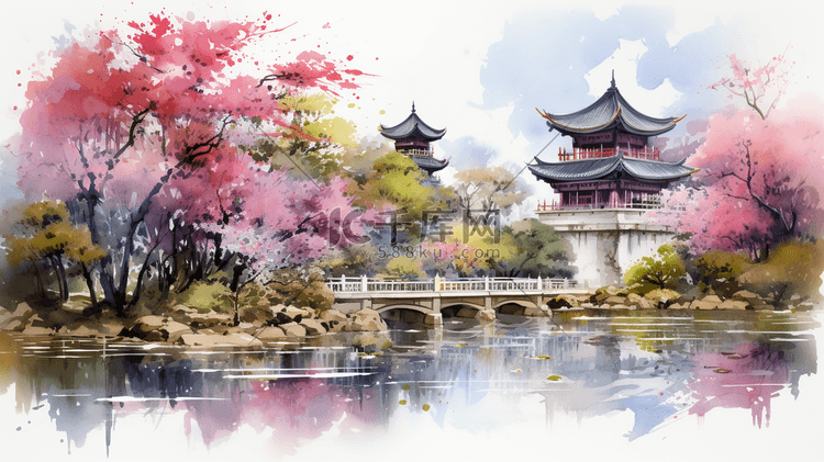 中国风水彩画中式花园公园中式建筑