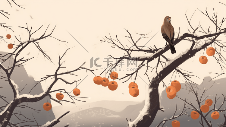 灰色秋季柿子树上站着的鸟插画3
