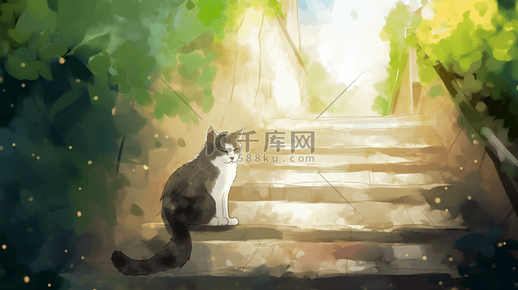 夏季坐在台阶上慵懒的猫咪插画1