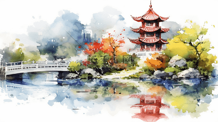 水彩画中国风中式花园公园