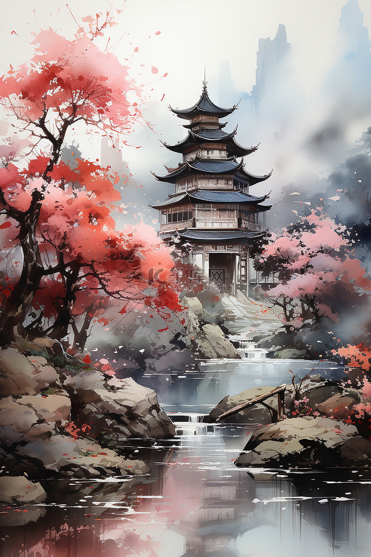 国潮中国风山水风景水彩画1