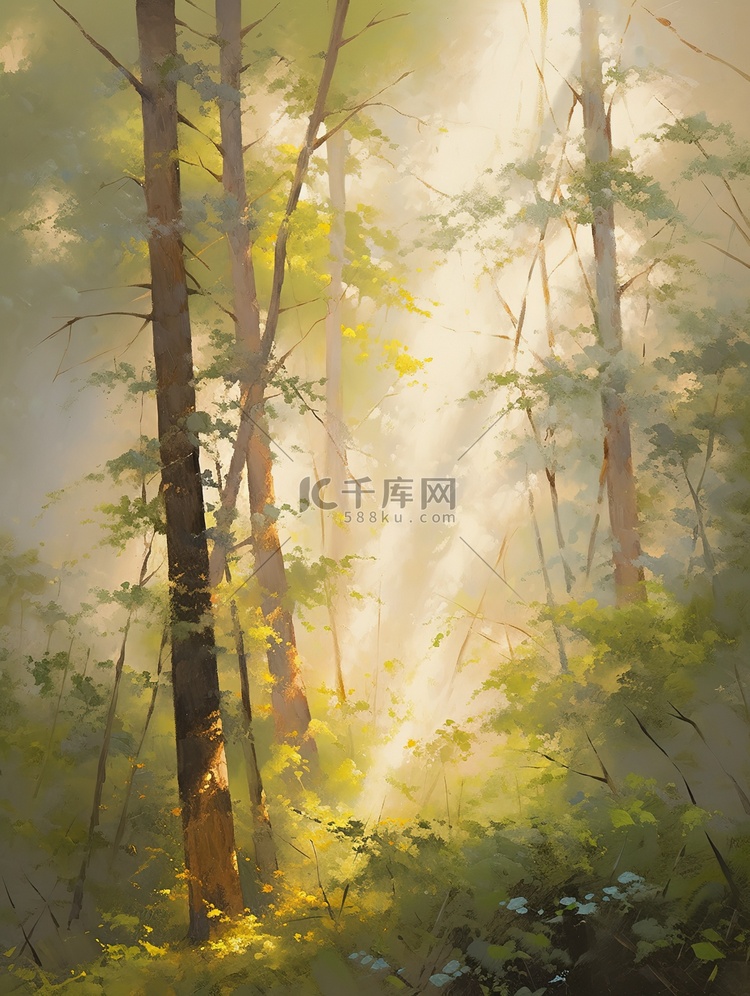 清晨的阳光透过茂密森林水彩画6