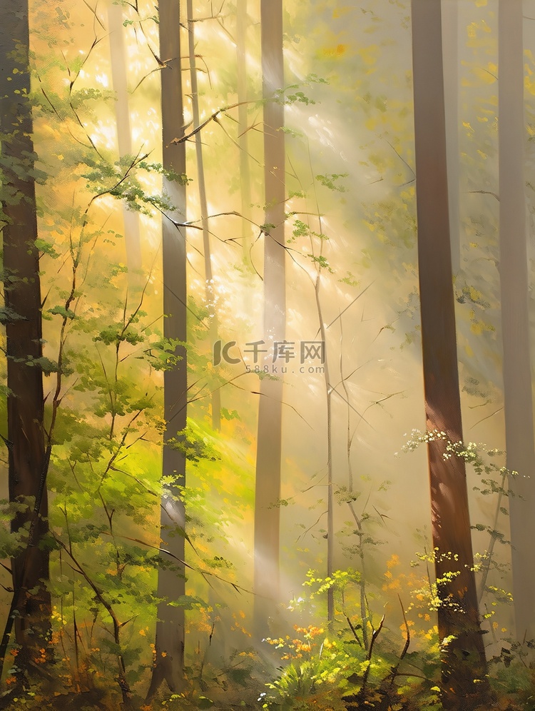 清晨的阳光透过茂密森林水彩画11