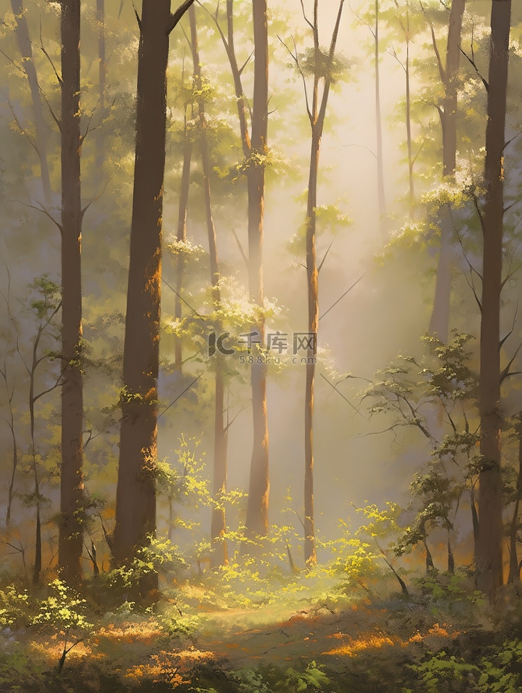 清晨的阳光透过茂密森林水彩画16