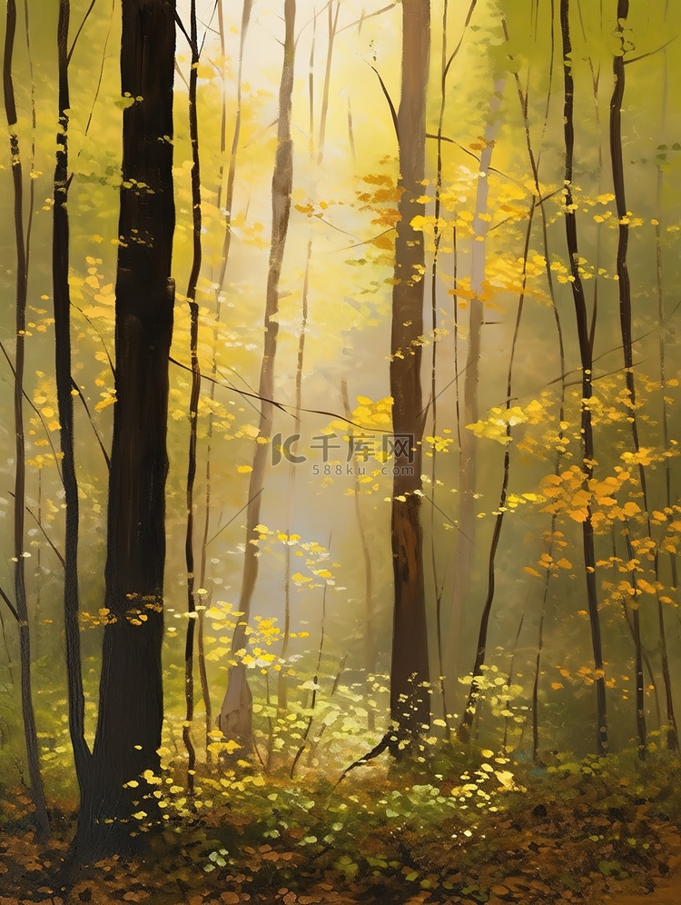 清晨的阳光透过茂密森林水彩画20