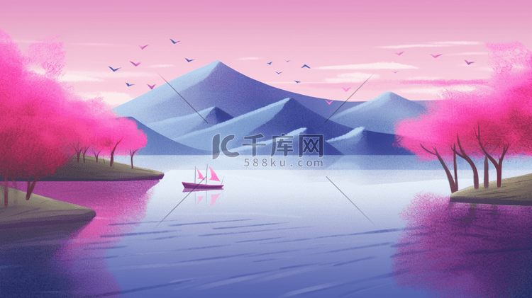 粉色几何中国风湖面远山风景插画4