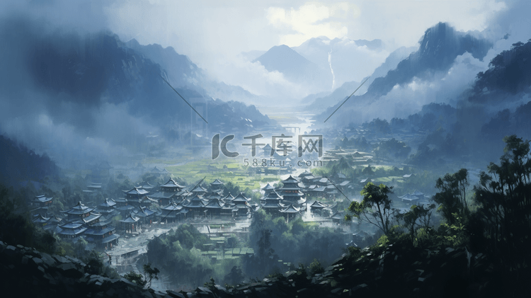 水彩风中国美丽的山村小镇