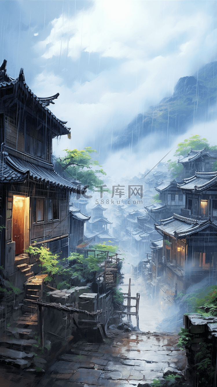 雨后云雾中的美丽山村水粉画风景