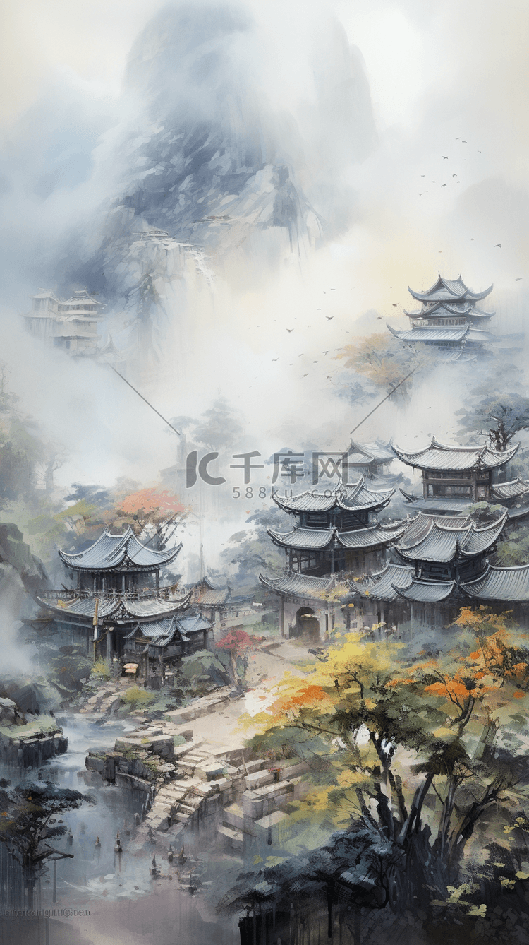 雨后云雾中的美丽山村风景