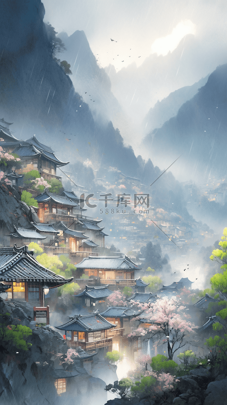 美丽的雨后云雾中的山村风景