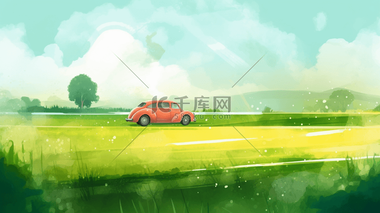 绿色田野中的小汽车插画5