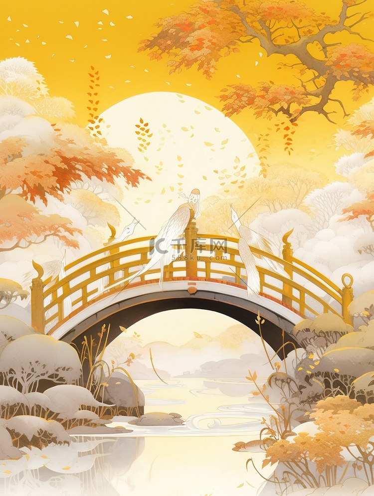 白露节气古老拱桥秋色的树木白鹭2