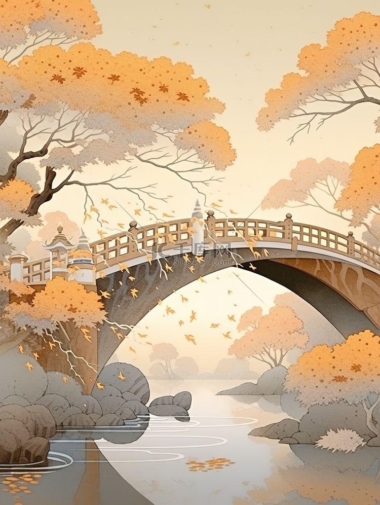 白露节气古老拱桥秋色的树木白鹭3