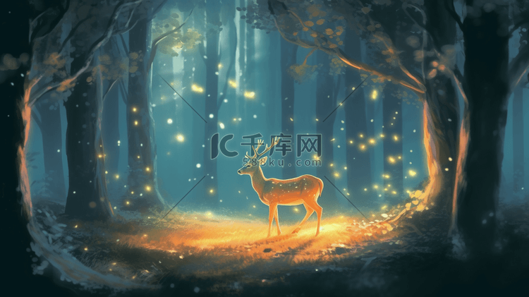 唯美梦幻森林中的麋鹿插画9