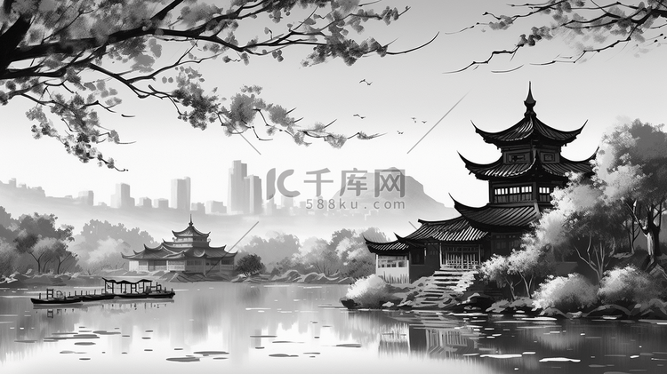 中国风唯美亭台楼阁山水风景水墨插画3