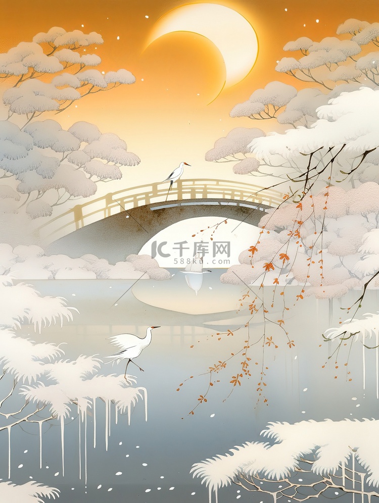 白露节气古老拱桥秋色的树木白鹭11