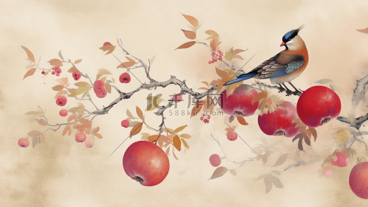 唯美柿子树枝头的小鸟水彩插画2