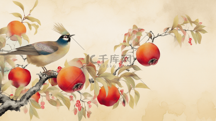 唯美柿子树枝头的小鸟水彩插画4