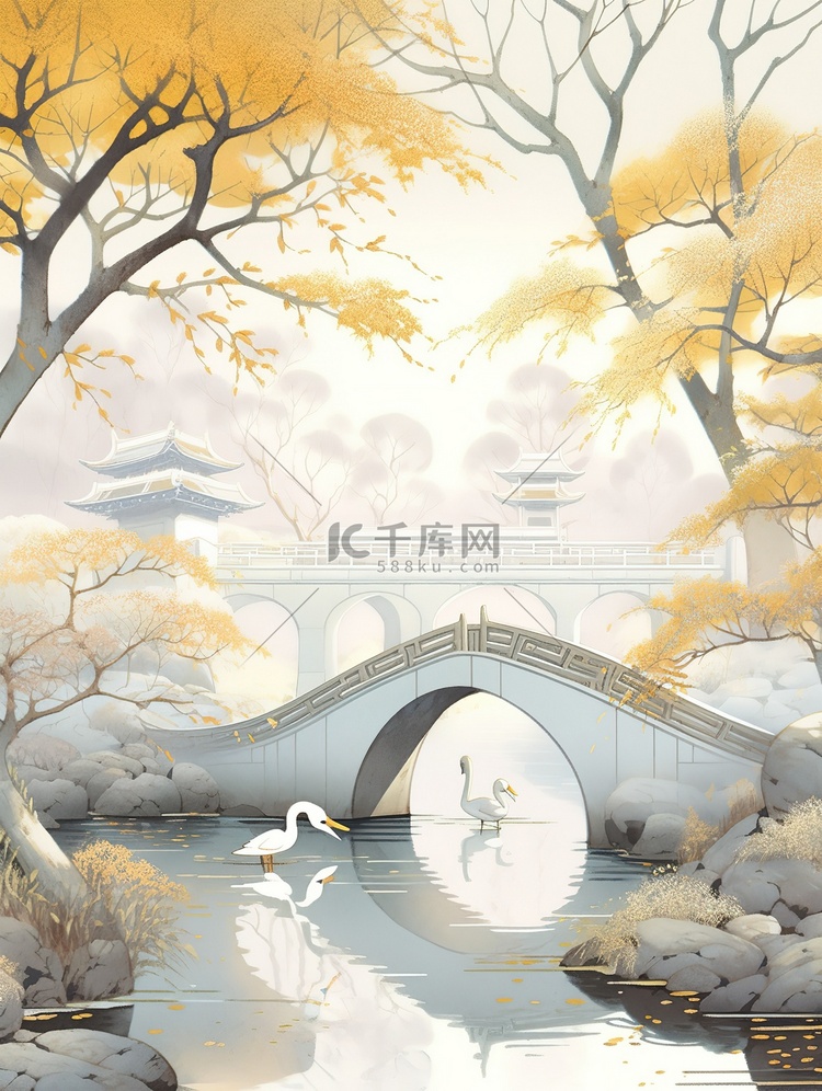 白露节气古老拱桥秋色的树木白鹭1
