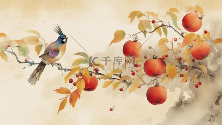 唯美柿子树枝头的小鸟水彩插画12