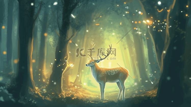 唯美梦幻森林中的麋鹿插画18