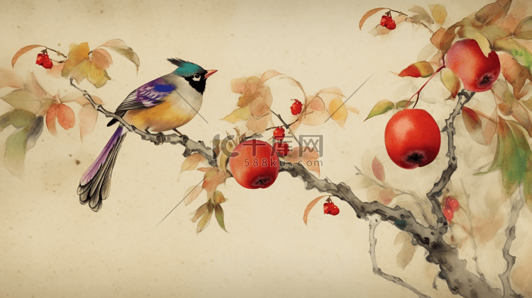 柿子树上的小鸟水彩插画4