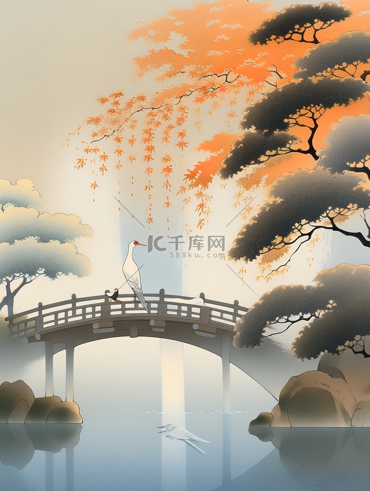 白露节气古老拱桥秋色的树木白鹭8