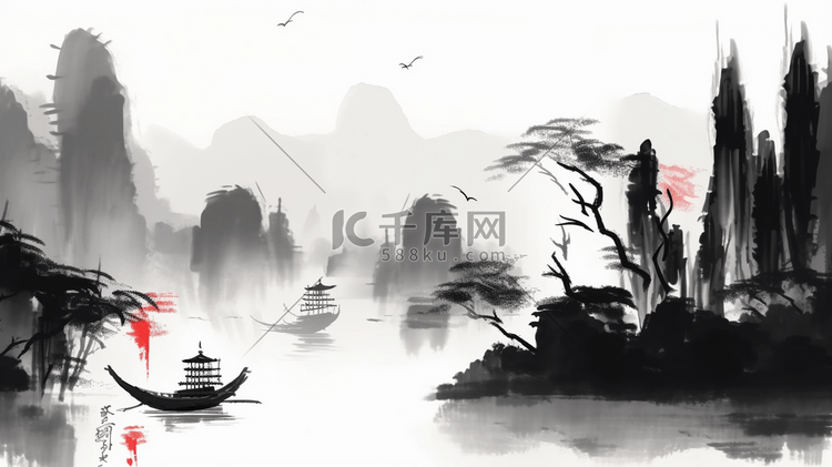 中国风唯美山水水墨风景插画1