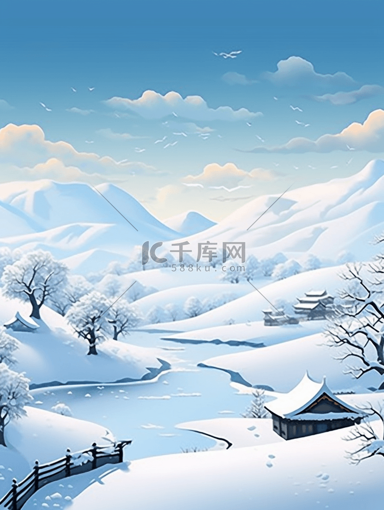 唯美白雪皑皑大雪节气风景插画5