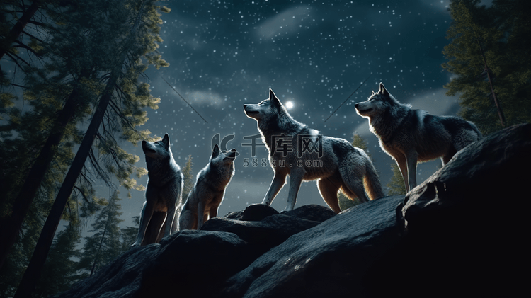 夜幕下的森林狼群插画2