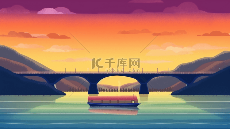 唯美夕阳下的跨海大桥插画7