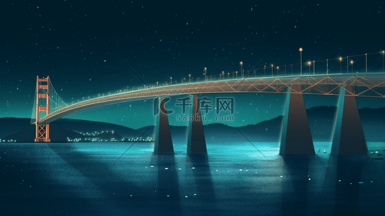 唯美夜空下的跨海大桥风景插画4