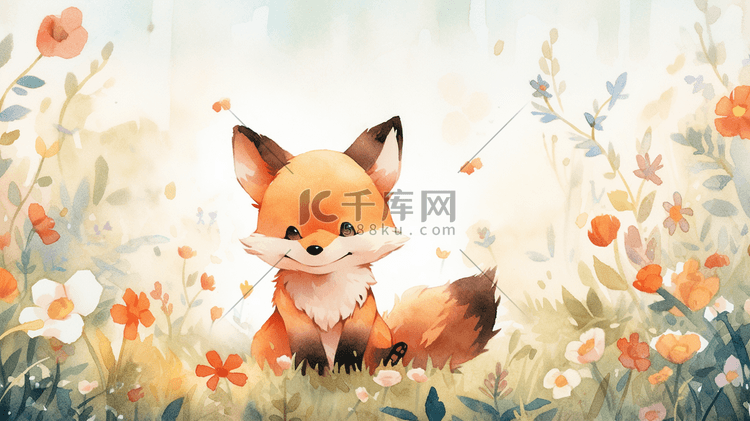 水彩卡通可爱的小狐狸