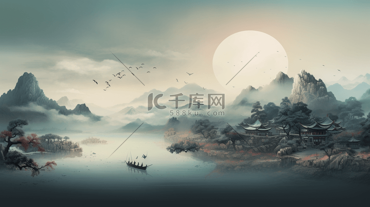 中国风唯美月下山水风景插画8