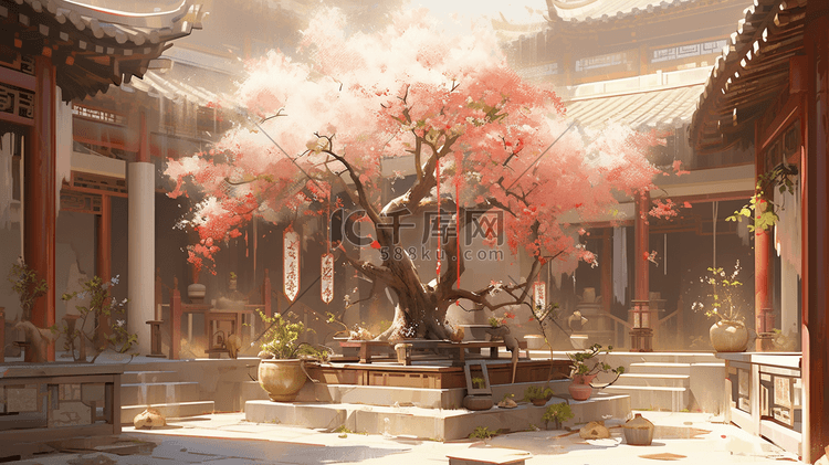 中式场景插画唯美治愈古风宁静的中式庭院