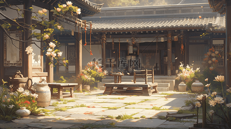 中式场景插画唯美治愈古风中式庭院