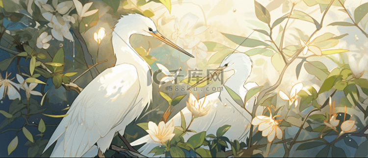 水彩画中国风白鹤