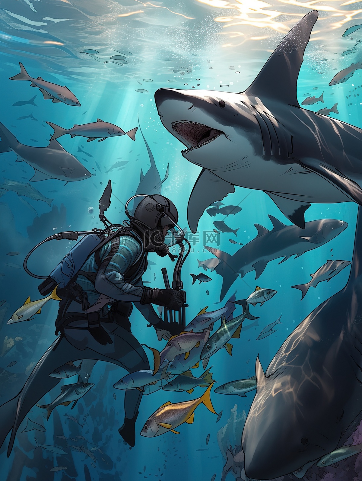 潜水员和鲨鱼相遇8插画图片-千库网