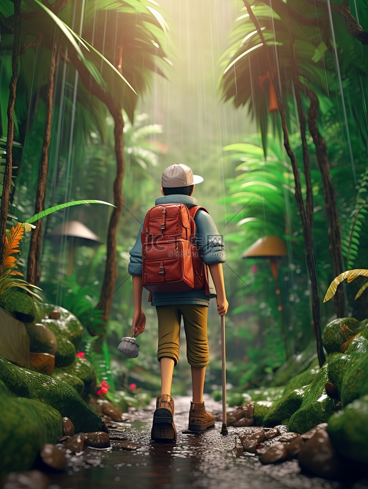 一位探险家背包在热带雨林中探险10