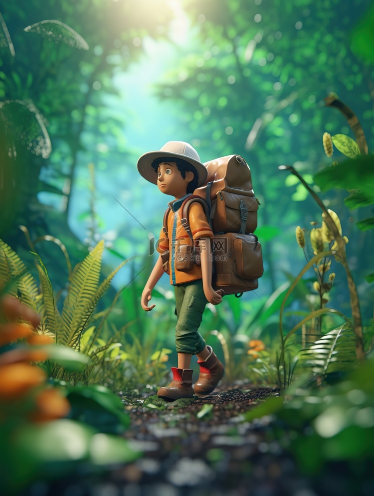 一位探险家背包在热带雨林中探险1