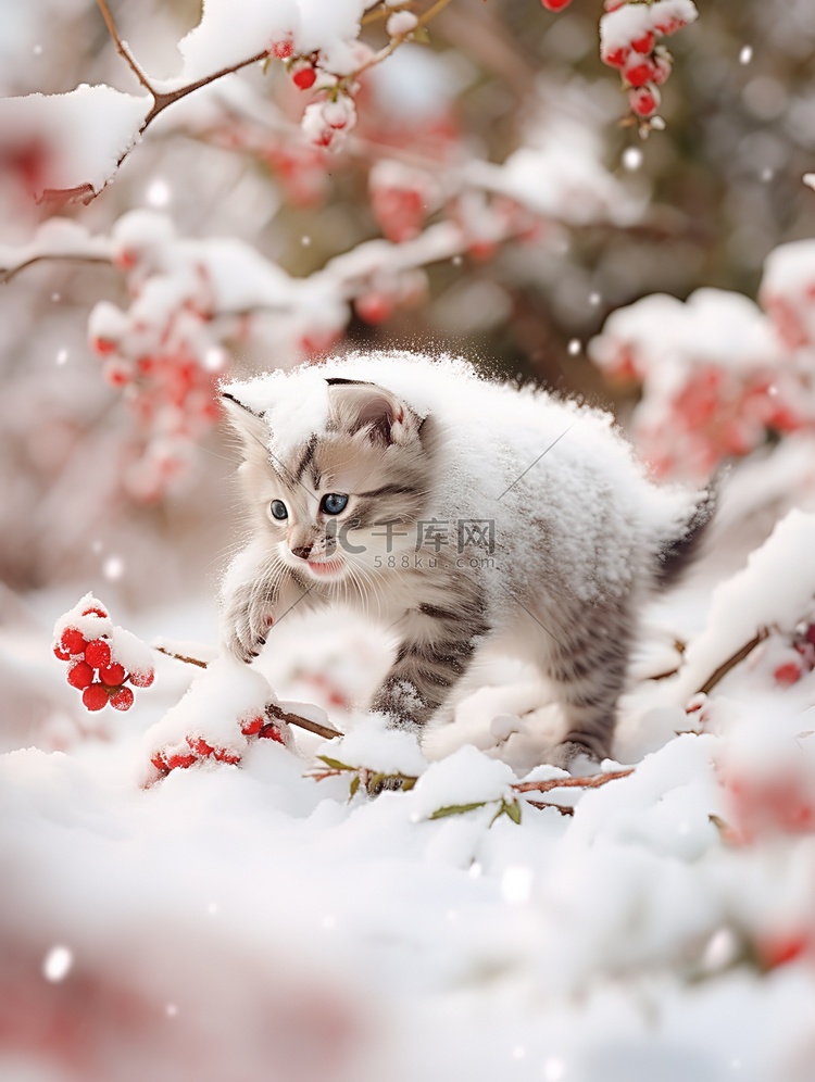 小猫红梅树下玩雪冬季13