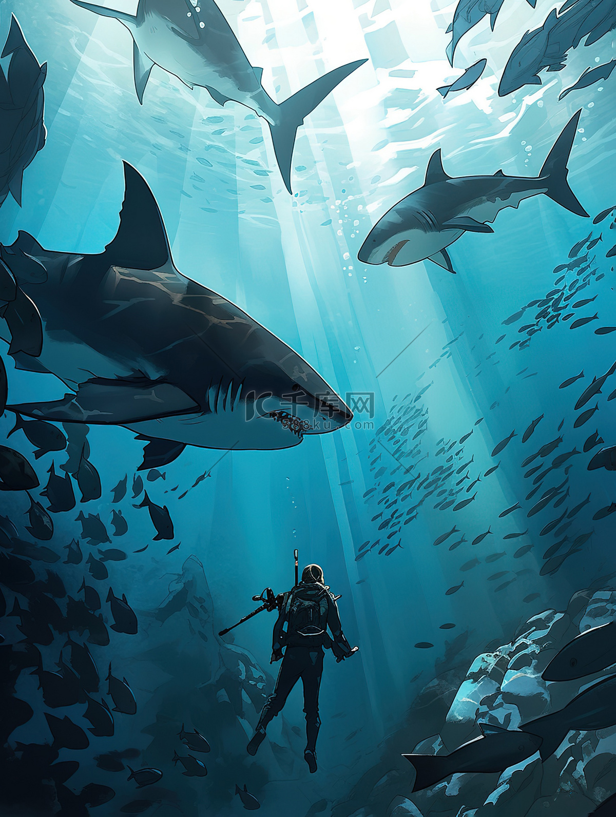 潜水员和鲨鱼相遇4插画图片-千库网