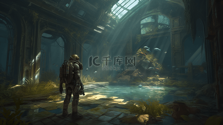 潜水冒险家在水下遗迹探险插画图片 千库网