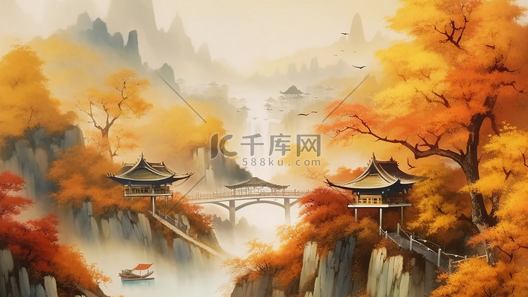 中国风秋天远山枫叶流水插画背景